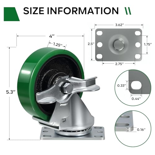 4'' Caster Wheels Heavy Duty Casters, Polyurethane on Cast Iron, Swivel Casters Set of 4 Wheesl for Cart Toolbox, 1800lbs Capacity (4 Brake) - style: 4 Brake