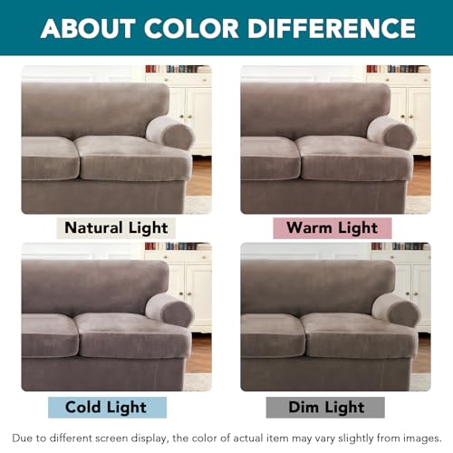 Turquoize Sofa Cover 3 Piece T Cushion Loveseat Covers for 2 Cushion Couch Thick Velvet Couch Cover Stretch Furniture Covers with 2 Individual T Cushion Covers, Washable (2 Cushion Loveseat, Taupe) - color: Taupe, size: Loveseat (2 Cushion)