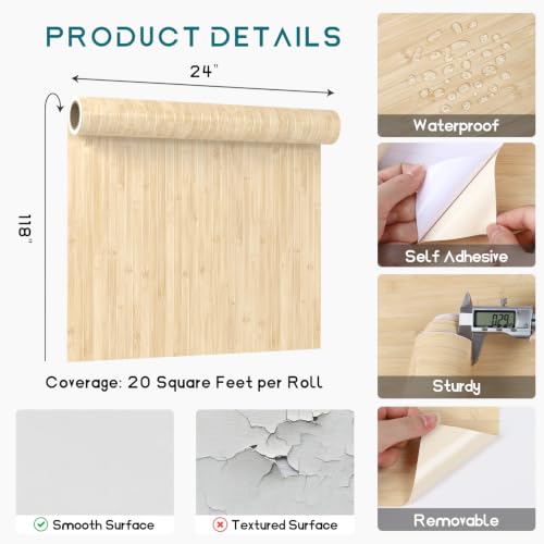 VEELIKE Bamboo Wood Contact Paper Peel and Stick Wood Wallpaper 24''x118'' - color: Light Brown, size: 24" x 118"