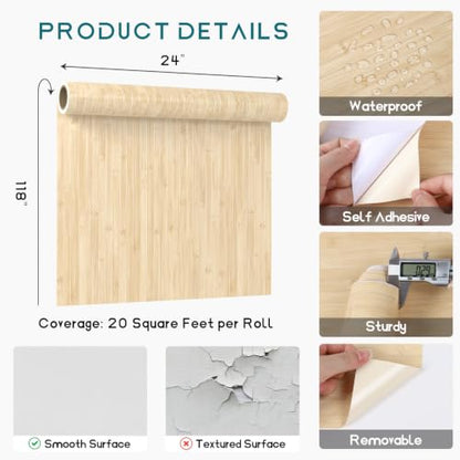 VEELIKE Bamboo Wood Contact Paper Peel and Stick Wood Wallpaper 24''x118'' - color: Light Brown, size: 24" x 118"