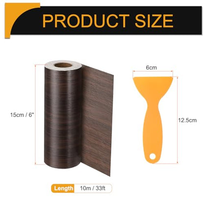 Wood Grain Repair Tape 6 Inch x 33ft Self Adhesive Repair Patch Tape Simulated Wooden Floor Tapes with Plastic Scraper for Tables Doors Windows Furniture, Black Walnut