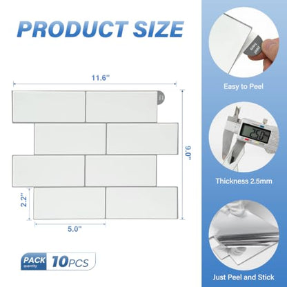Thicker Design Peel and Stick Backsplash Tile，Self Adhesive Wall Tiles for Kitchen & Bathroom (10 Sheets, White) - color: White With Grey Grout
