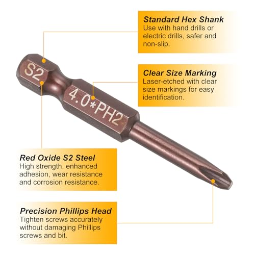 HARFINGTON 5pcs #2 Phillips Screwdriver Bit PH2 1/4" Hex Shank 2" (50mm) Long 0.16" Rod Magnetic Cross Head Drive Drill Bits S2 Steel Industrial Screw Driver Electric Power Tool, Brown - size: PH2 x 2" x 0.16"