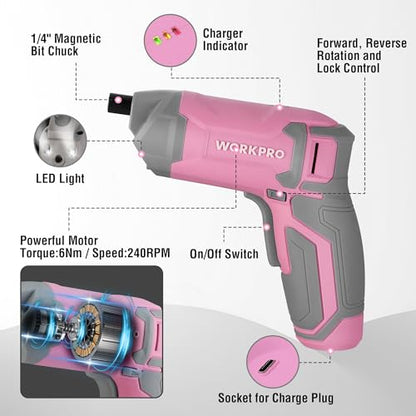 WORKPRO Pink Cordless Screwdriver Set, Rechargeable Eccentric Screwdriver
