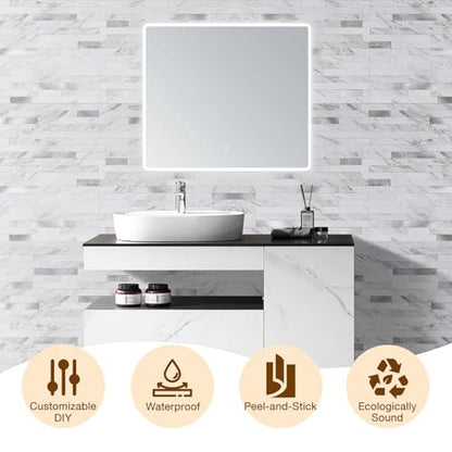 Peel and Stick Backsplash Tile Waterproof Removable PVC Wall Sticker 3D Faux Stone Marble Brick White Accent Panels (White Marble - Metal Silver, 20 Tiles - 9 sq. ft. (0.84 M²)) - color: White Marble - Metal Silver, size: 20 Tiles - 9 sq. ft. (0.84 M²)