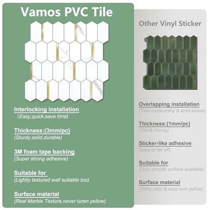 Vamos Tile Long Hexagon Peel and Stick Backsplash Tile - 10 Sheets Stick on Backsplash for Kitchen and Bathroom 12.4 x 12 Inch White Marble Look PVC Mixed Metal Gold Self Adhesive Mosaic Wall Tiles - color: ‎Statuary Marble Look with Gold Metal