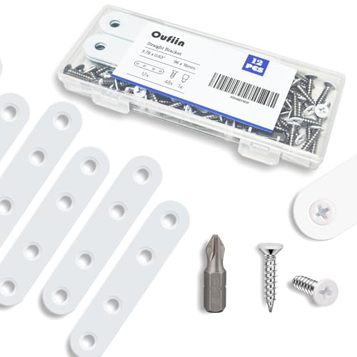 12Pcs White Stainless Steel Straight Braces, 3.78” Flat Brackets,Straight Bracket, Ideal for Wood, Bed Frame, Furniture & Shelves Mending,with 48Pcs White Stainless Steel Screws