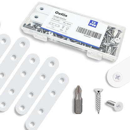 12Pcs White Stainless Steel Straight Braces, 3.78” Flat Brackets,Straight Bracket, Ideal for Wood, Bed Frame, Furniture & Shelves Mending,with 48Pcs White Stainless Steel Screws