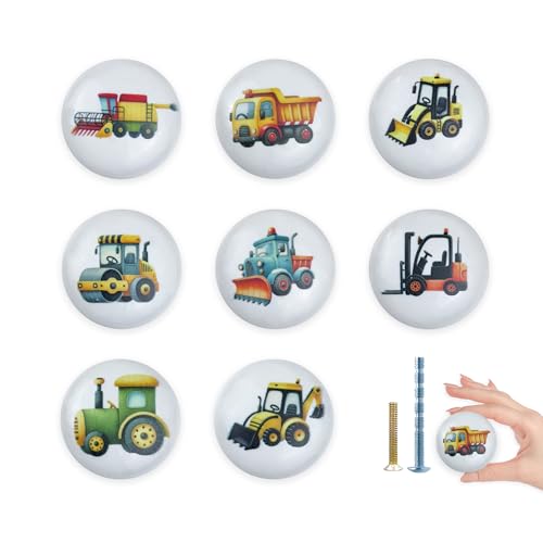 Lasyman1.5 8PCS Ceramic Fun Cabinet Boys Bedroom Nursery Kids Dresser Knobs Construction Truck Drawer Door Cupboard Handle Pulls