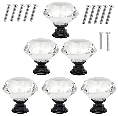 Akstore 6 Pcs Crystal Glass Cabinet Knobs 30mm Diamond Shape Drawer Kitchen Cabinets Dresser Cupboard Wardrobe Pulls Handles (30mm, Clear-Black) - color: Clear-Black, size: 30 mm