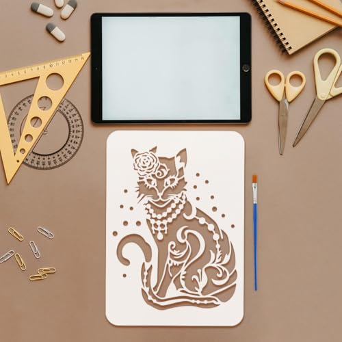 FINGERINSPIRE Flower Cat Stencils with a Brush 11.7x8.3Inch Beautiful Female Cat Painting Stencils Elegant Cat with Rose & Pearl Necklace Stencil Animal Themes PET Template for Wood Floor Wall DIY - color: Flower Cat
