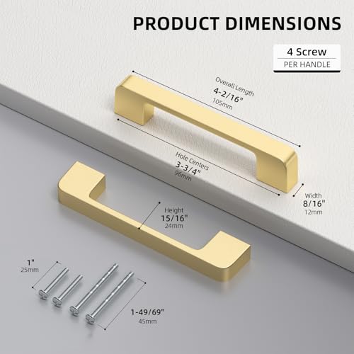 Brushed Gold Cabinet Pulls 3-3/4" Gold Cabinet Handles 10 Pack - color: Brushed Gold, size: 3-3/4 Inch (96 mm) Hole Centers