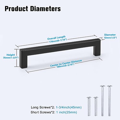 KNOBWELL 20 Pack| 6-3/10 inch Black Cabinet Pulls, 160mm Kitchen Cabinet Handles Stainless Steel Square Pulls for Cupboard Dresser Drawer Closet Wardrobe Vanity - color: Matte Black, size: Hole Center:6-3/10 inch(160mm)