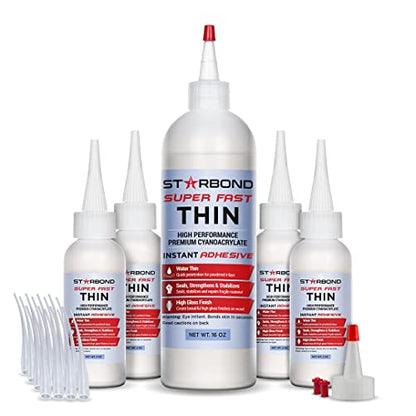 Starbond Super Fast Thin CA Glue Complete Refill Kit (16 oz) – Cyanoacrylate Super Glue with Extra Bottles, Caps, Microtips & Yorker Spout for Cracks, Joints, Woodworking, Woodturning & Model Building - size: 16 ounce