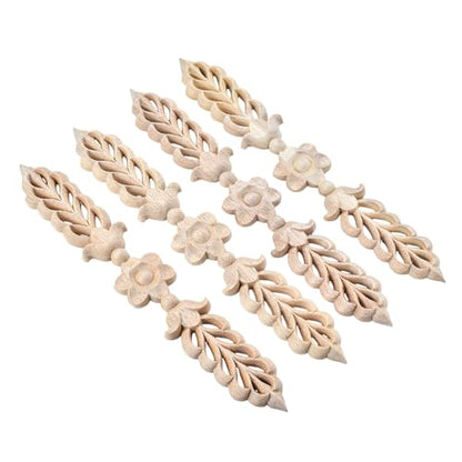4PCS Unpainted Wood Appliques Onlays for Furniture Decoration, 24.5x3.5cm/9.65"x1.38", Leaf Flower Center Side Decal for Cabinet Bed Wall Ceiling Frame Corner Decoration