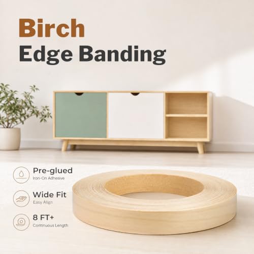 Birch Edge Banding 3/4 Inch x 50 FT Roll, UV Prefinished Ready-to-Use Surface, 8 FT+ Continuous Lengths, Pre-Glued Iron-On Veneer, for Cabinets, Plywood & DIY Furniture - color: Birch - UV Prefinished, size: 3/4 in x 50 ft