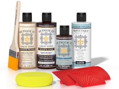 Retique It Wood Finish Tabletop Kit – GO Beyond Faux Wood with Paintable Liquid Wood Based Primer and Gel Stain - Graining Tools Included (Tabletop Kit, Red Mahogany) - color: 15 Red Mahogany, size: Tabletop Kit