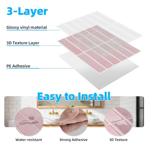 Peel and Stick Backsplash Tile for Kitchen, 10 Sheets, 11.42''x9'' - color: Pink