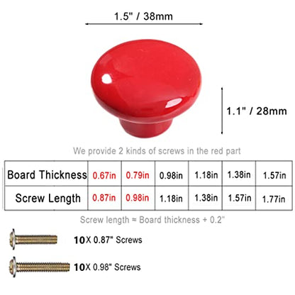 1.5" Large Mushroom Shape Glossy Ceramic Cabinet Knobs, 10Pcs Round Shape Cute Ceramic Drawer Knobs Kids Child Pulls Handles for Dressers Cupboard Wardrobe Dia. 1.5inch (Red, Dia. 1.5") - color: Red