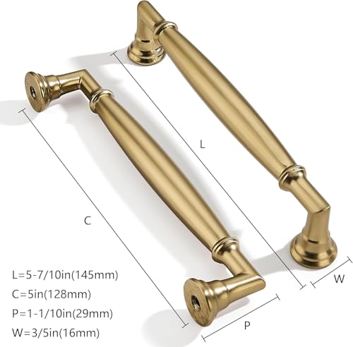 2 Pack 5 Inch Hole Center Brushed Brass Cabinet pulls Solid Satin Brass Heavy Duty Cabinet Pull Cabinet Handles Kitchen Cabinet Hardware Vanity Handles Bathroom Cabinet pulls - color: Brushed Brass, size: 5 Inch(128mm)hole center