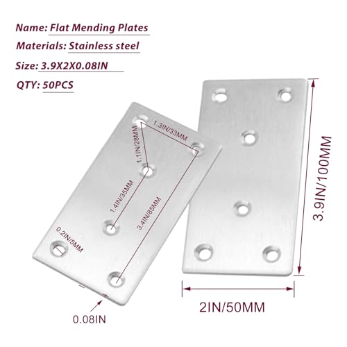 50PCS Flat Metal Brackets, 4" 304 Stainless Steel Mending Plates - size: 4X2X0.08IN