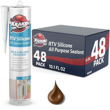 Kraken Bond RTV Silicone Sealant Brown (48 x 10.1 fl.oz.)%100 Waterproof Silicone Caulk Kitchen and Bathroom, All Purpose, Window Caulking Sealant Outdoor, RV, 48 Pack - color: Brown, size: 48 Pack
