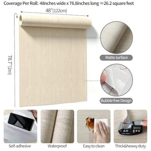 48"x78.7" Beige Wood Wallpaper Peel and Stick Contact Paper for Cabinets - color: Beige, size: 48" x 78.7"