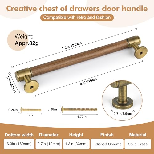 SALISENG-5 Pack Walnut Wood and Antique Brass Kitchen Cabinet Pulls,6.3 Inch Brass Dresser Drawer Handles, Modern Furniture Pulls for Cupboard Wardrobe Closet Cabinet Hardware - size: 6-3/10 Inch Hole Center