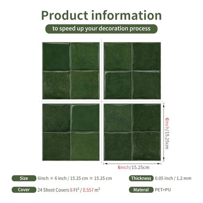 24 Sheets Sage Green 6"x6" Peel and Stick Square Tile Backsplash - color: Sage Green, size: 24 Pcs 6" x 6" x 0.05"