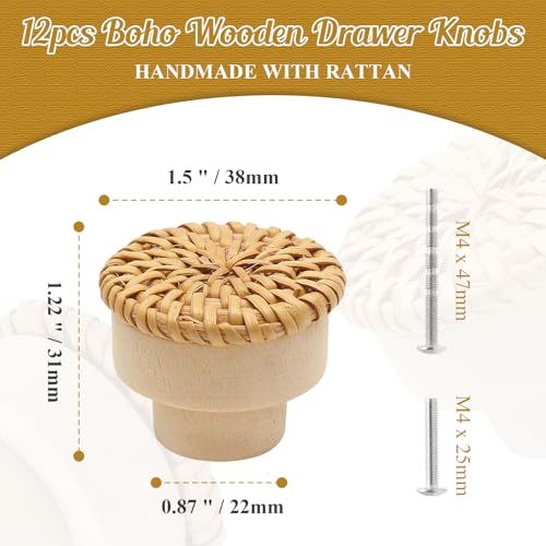 12 Pack 1-1/2" Rattan Boho Cabinet Knobs with Screws - color: Natural Color - 12 Pack