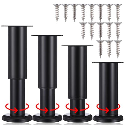 4PCS Metal Adjustable Furniture Legs, 4.7-7.4 Inch Cabinet Legs Extension, Heavy Duty Black Support Replacement Leg for Bed Couch Dresser Chair Coffee Cabinet Table, Thicked Furniture Feet Set