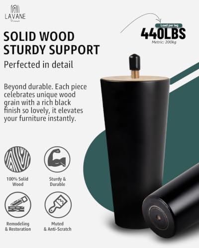 La Vane 5 inch / 12cm Wooden Furniture Legs, Set of 4 Black Solid Wood Tapered M8 Furniture Replacement Feet with Pre-Drilled 5/16 Inch Bolt & Mounting Plate & Screws for Sofa Chair Couch Ottoman - size: 5 inch