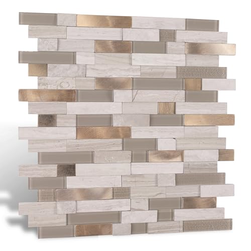 Nicesungdeco Peel and Stick 3D Natural Stone Mosaic Backsplash Tiles, 12" x 12" 5-Sheet Backsplash Self Adhesive Tiles for Kitchen Fireplace Vanity (Grey Gold) - color: GREY GOLD