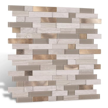 Nicesungdeco Peel and Stick 3D Natural Stone Mosaic Backsplash Tiles, 12" x 12" 5-Sheet Backsplash Self Adhesive Tiles for Kitchen Fireplace Vanity (Grey Gold) - color: GREY GOLD