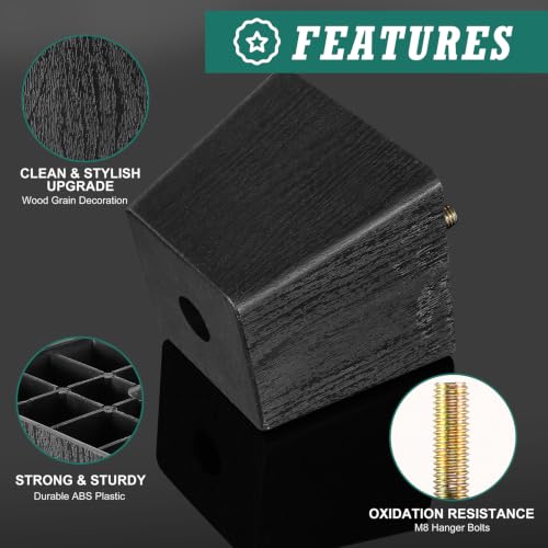 4pcs Plastic Square Legs 3" with Plate Nuts, M8-1.25 Bolt, Widen - size: 3 Inch, Widen, M8-1.25 Metric Bolts