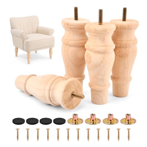 5.9 Inch Wooden Furniture Bun Feet Set of 4, Unfinished Rubber Wood Replacement Furniture Legs, M8 Thread, with Mounting Plates Screws Floor Pads for Couch Chair Ottoman Cabinet