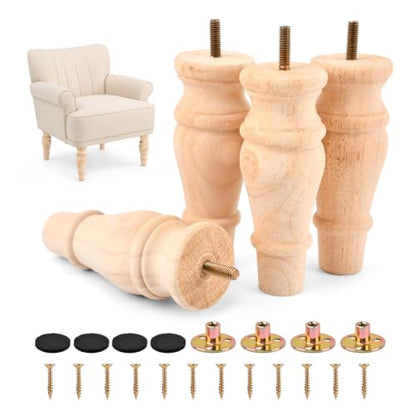 5.9 Inch Wooden Furniture Bun Feet Set of 4, Unfinished Rubber Wood Replacement Furniture Legs, M8 Thread, with Mounting Plates Screws Floor Pads for Couch Chair Ottoman Cabinet