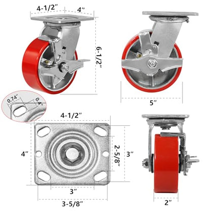 5"X 2" Heavy Duty Casters, Swivel Polyurethane Casters Set of 4 Plate Industrial Caster Wheels for Toolbox Workbench, Load Capacity 4000lbs - style: 5'' Wheel