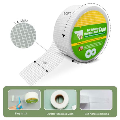 Drywall Joint Tape, Fiberglass Mesh Self-Adhesive Tape for Drywall Repair, 2" x 100 FT Drywall Joint Tape for Sheetrock Crack and Seam Patch Repair