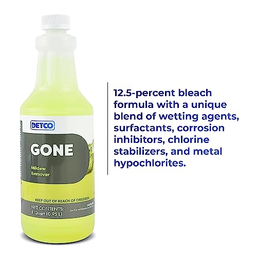 GONE Instant Mold & Mildew Remover - 12.5% Bleach Industrial-Strength Cleaner, Stain Removal on Shower, Siding, Bathroom Tile, Grout, Trim, Boats, and Outdoor Furniture, 1-Quart Spray Bottle