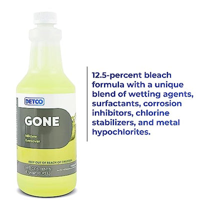 GONE Instant Mold & Mildew Remover - 12.5% Bleach Industrial-Strength Cleaner, Stain Removal on Shower, Siding, Bathroom Tile, Grout, Trim, Boats, and Outdoor Furniture, 1-Quart Spray Bottle