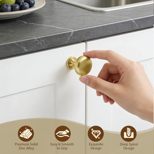 12 Pack Solid Cabinet Knob Brushed Brass Kitchen Drawer Knob,Dresser Knob Brass Furniture Hardware, Diameter:1-1/5" - color: Brushed Brass