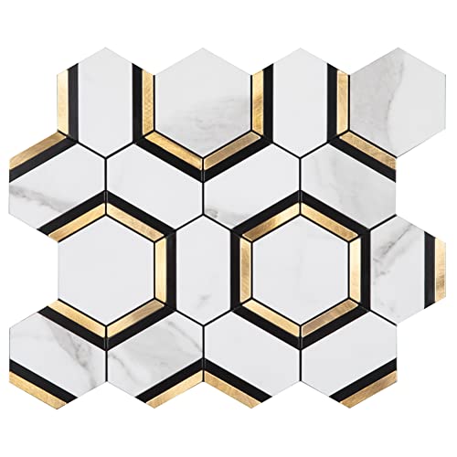 Diflart 10-Pack Peel and Stick Black White Gold Hexagon Backsplash Tile - color: White Marble + Gold + Black Metal Flower, size: 10 Sheets