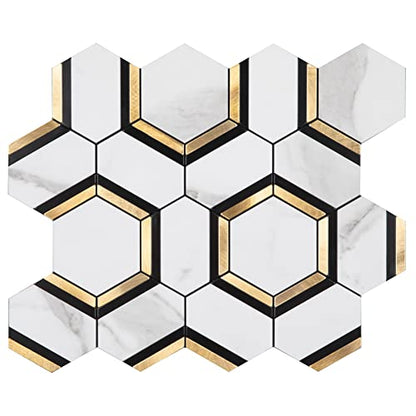 Diflart 10-Pack Peel and Stick Black White Gold Hexagon Backsplash Tile - color: White Marble + Gold + Black Metal Flower, size: 10 Sheets