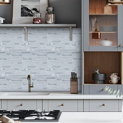 Midcard 10 Sheets Peel and Stick Backsplash PVC Wall Tile,for Kitchen Backsplash - color: Rectangular Light Blue with Metallic Silver