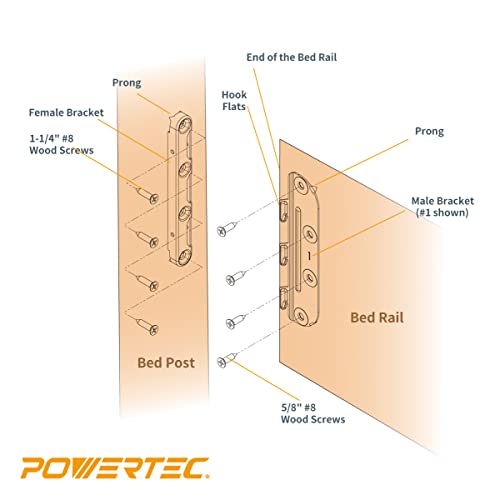 POWERTEC 71425 Surface Mounted Rail Brackets, Frame Fasteners Hardware With Mounting Screws, Hooks for Wood Bed Frame, Set of 4, Silver (Pack of 4) - size: Set of 4 (Pack of 4)