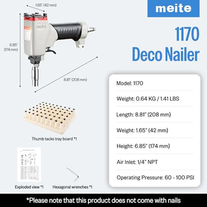 meite 1170 Pneumatic Deco Nail Gun 7/16 Inch (11.7mm) Head Diameter Air Decorative Tack Nailer Pins Nailer for Sofa Leather, Upholstering Furniture - style: 29/64-Inch Head Diameter Nailer