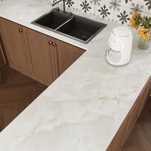 VEELIKE Peel and Stick Countertops Waterproof Cream Onyx Marble Contact Paper for Countertops 24''x118'' Countertop Contact Paper Marble Wallpaper Self Adhesive Counter Top Wrap for Kitchen Bathroom - size: 24" x 118"