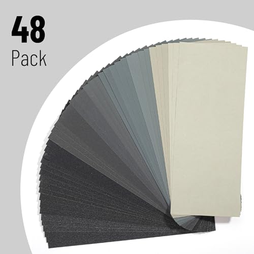 Bates Choice Sandpaper, 48 pcs, 120-5000 Grit, Aluminum Oxide, Wood, Metal, Plastic, 9 x 3.6 inches, Paper Backed