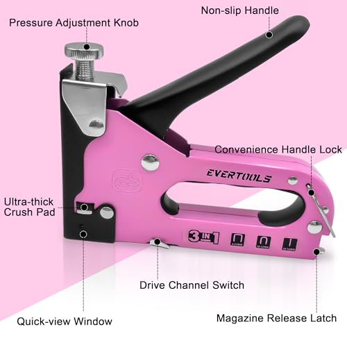 3-in-1 Pink Staple Gun, Manual Upholstery Staple Gun with 600 Staples for Crafts, Fabric, Furniture Repair, Wood & DIY